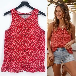 G.H. Bass & Co. Micro Floral Ruffle Hem Tank Red Medium